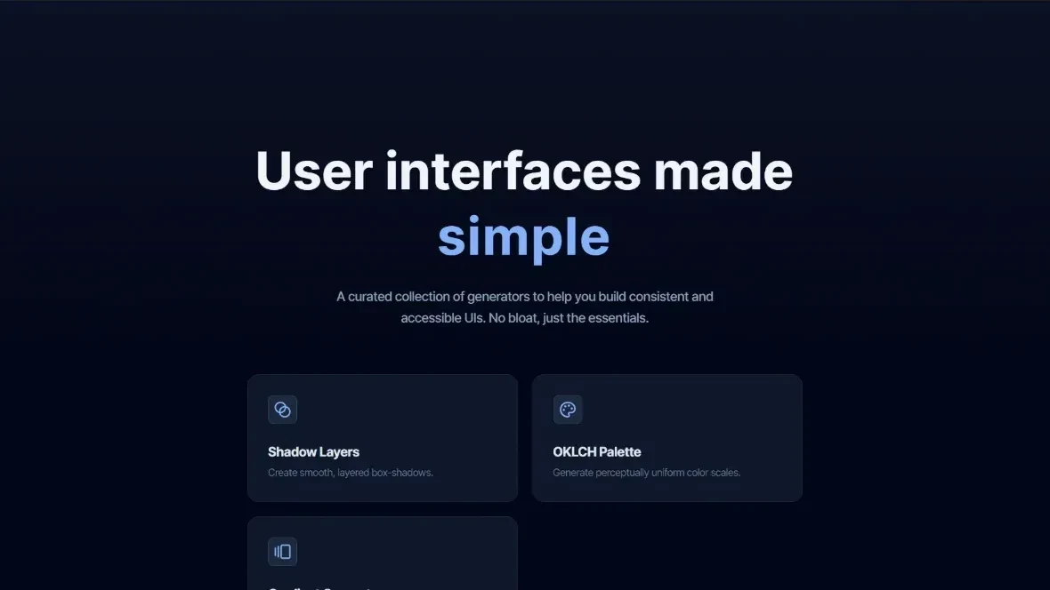 Front Tools home page with generators for shadow layers and OKLCH palettes
