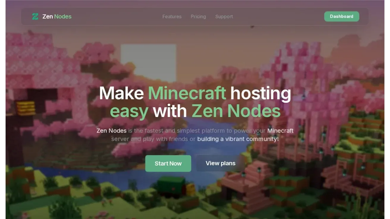 Zen Nodes landing page, with the tagline “Make Minecraft hosting easy” over a Minecraft landscape